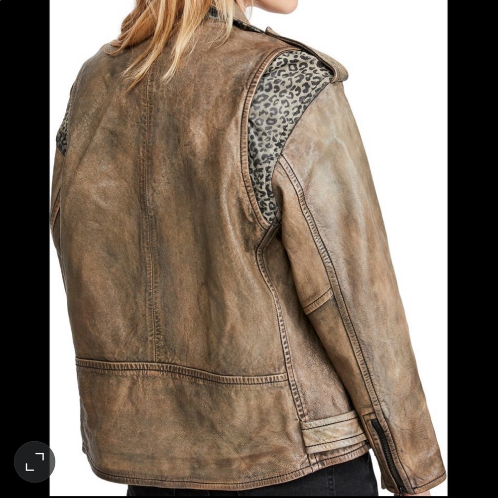Free People We The Free Over You Brown Oversized Leather Leopard Moto Jacket - Picture 2 of 13